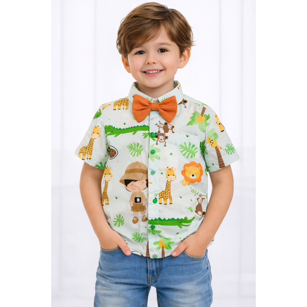 Camisa social infantil com estampas personalizadas, para festa aniversário safari monstros G. pintadinha