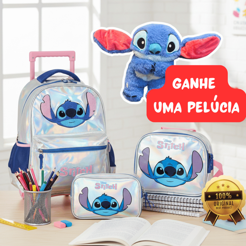 ORIGINAL Kit Mochila Rodinhas + Estojo Triplo Stitch Grátis Lancheira 2026 Menina Escolar Grande