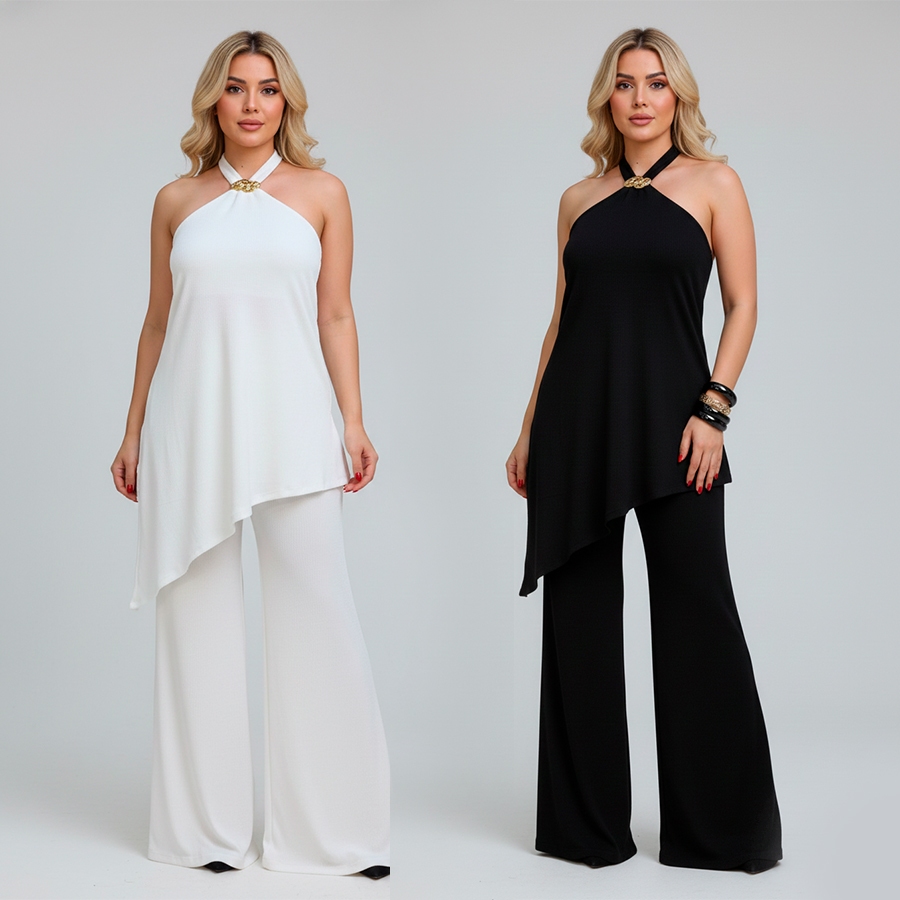 Conjunto Assimétrico Feminino com Fendas Calça Pantalona Flare Cintura Alta Look Elegante Tendência