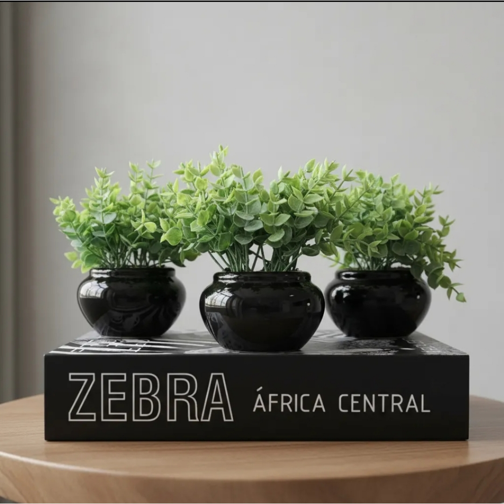 Kit 3 vasinhos de cerâmica com folhagem de eucalipto artificial branco ou preto em Oferta na Shopee