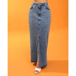 Saia Longa Jeans Feminino Sem Lycra, Cintura Alta,  Detalhe De Fenda Frontal E Brilho, Moda Evangélica. Revesst jeans em Oferta na Shopee