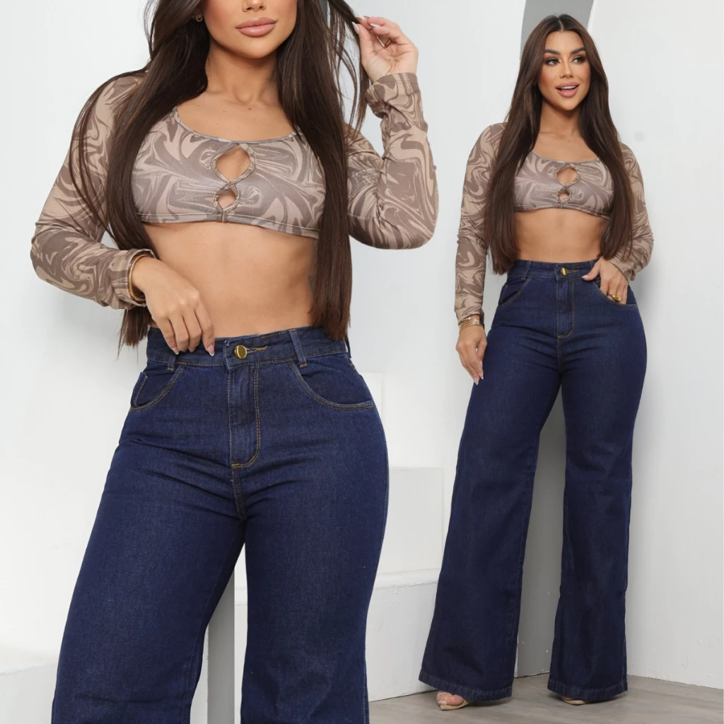 Calça Jeans Feminina Wide Leg Bloguerinha Premium Cintura Alta Levanta Bumbum — imagem 1