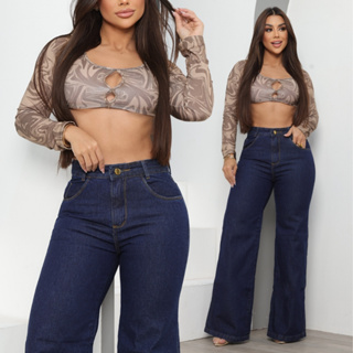 Calça Jeans Feminina Wide Leg Bloguerinha Premium Cintura Alta Levanta Bumbum em Oferta na Shopee