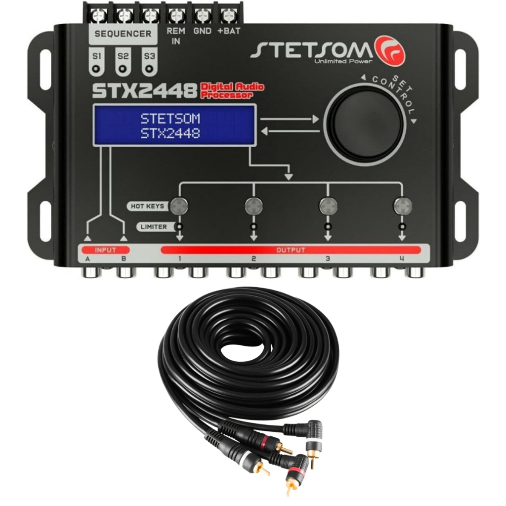 Processador de Audio Digital Stetsom STX2448 4 Vias + Cabo RCA 5 Metros Som Automotivo Kit