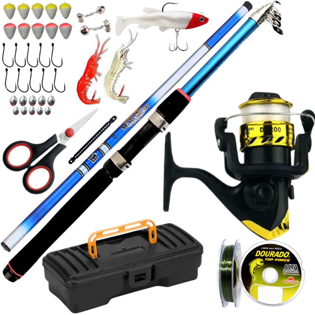 Molinete e Vara de Pesca Telescopica Vara de Mão 4,50 Isca Artificial Kit Pescar Tilapia Tucunare em Oferta na Shopee