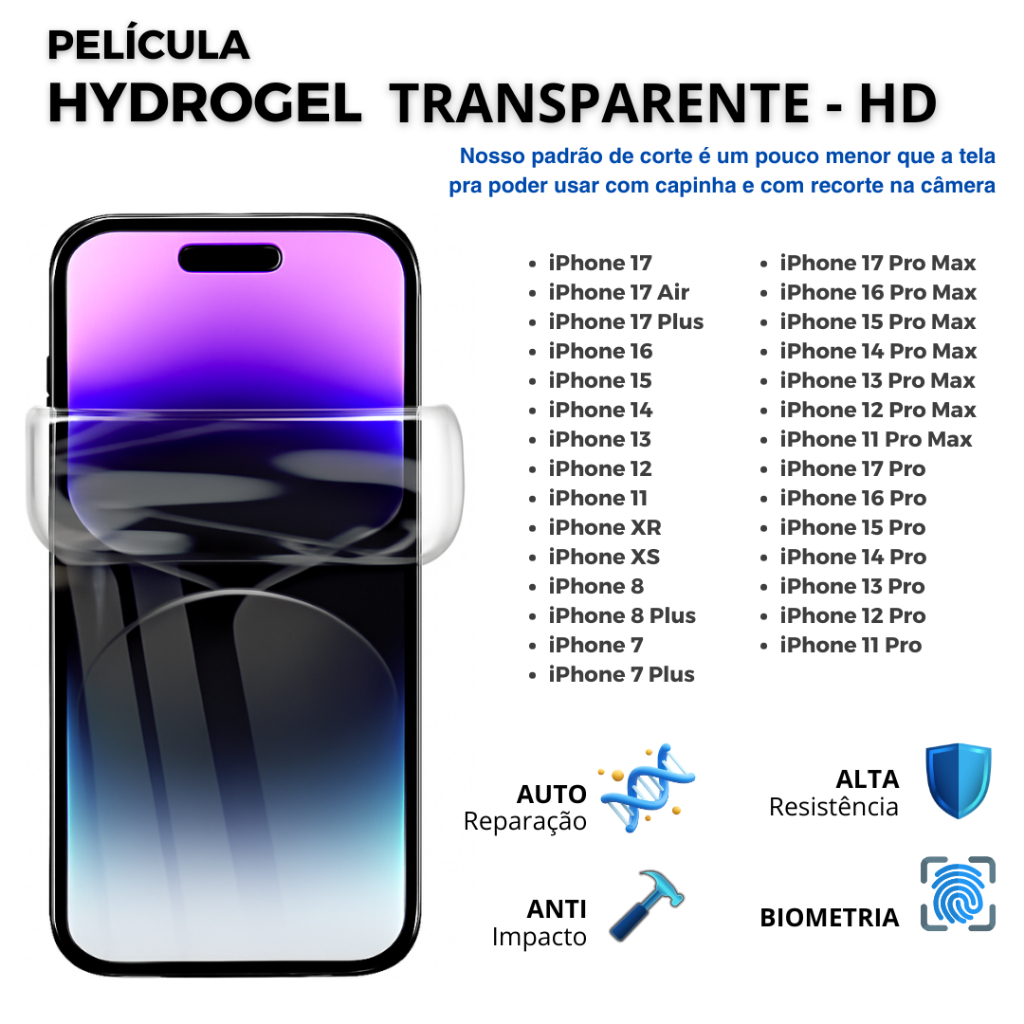 Pelicula Hidrogel HD Anti Impacto para iPhone TODOS OS MODELOS - 16 - 15 - 14 - 13 - 12 - 11 em Oferta na Shopee