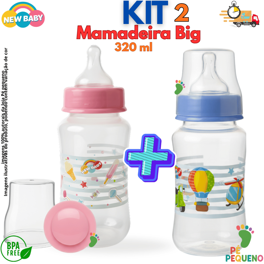 Mamadeira Bebê Luxo 320ml New Baby Bico Silicone Macio BPA Free Resistente Prática Para o Dia a Dia