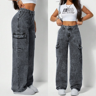 Calça Cargo Jeans Feminina Wid Leg Pantaona Cintura Alta 100% Algodão