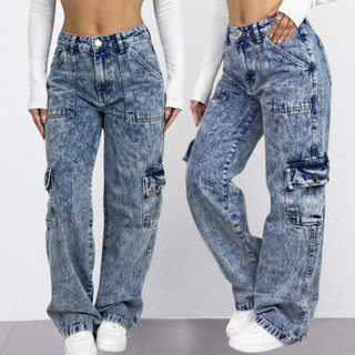 Calça Cargo Jeans Wide Leg Feminina com Bolso Lateral Pantalona Cós Alto