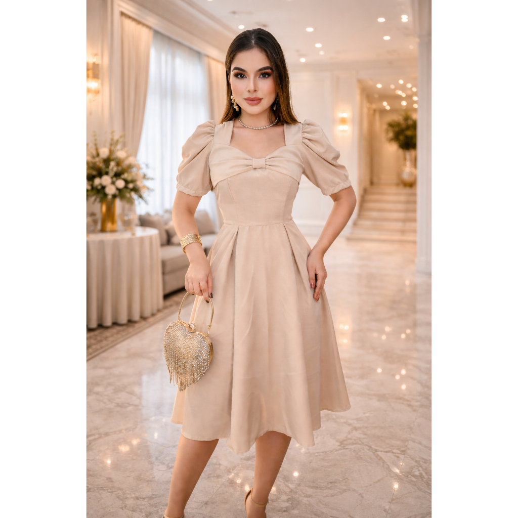 Vestido Midi Bianca Nude Elegante em Crepe Larissa Manga Bufante