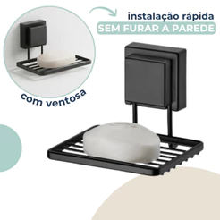 Saboneteira De Parede Porta Sabonete Para Banheiro Lavabo Preto Fosco Fixação Ventosa Sem Furo