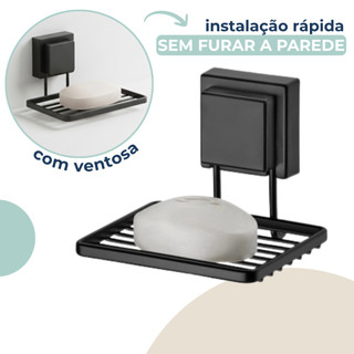 Saboneteira De Parede Porta Sabonete Para Banheiro Lavabo Preto Fosco Fixação Ventosa Sem Furo