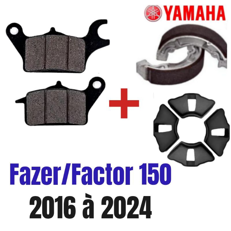 Kit Pastilha De Freio Dianteiro + Patins De Freio Traseiro + Coxim Da Coroa Fazer 150 Factor 150 Factor 125i 2016 à 2024