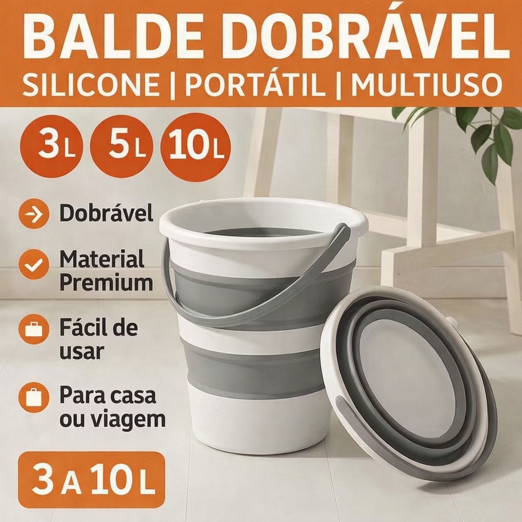 Balde Dobrável Retrátil Silicone 3L / 5L / 10L Portátil Multiuso – Para Limpeza, Viagens e Camping