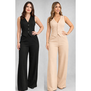Conjunto Alfaiataria Feminino Colete Blusinha Social Calça Pantalona Social P M G GG Elegante Botão Mulher Evangélica em Oferta na Shopee