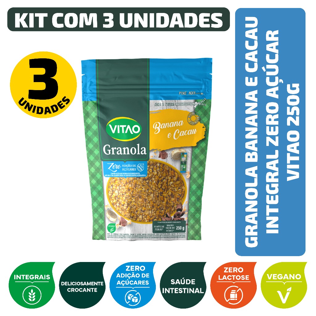 Kit Granola Banana e Cacau Integral Zero Açúcar Vitao 250G - 3 Unidades