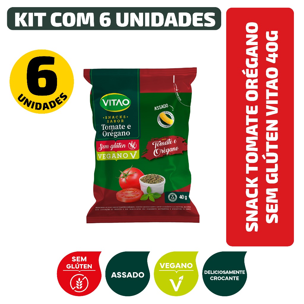 Kit Snack Tomate Orégano Sem Glúten Vitao 40G - 6 Unidades em Oferta na Shopee