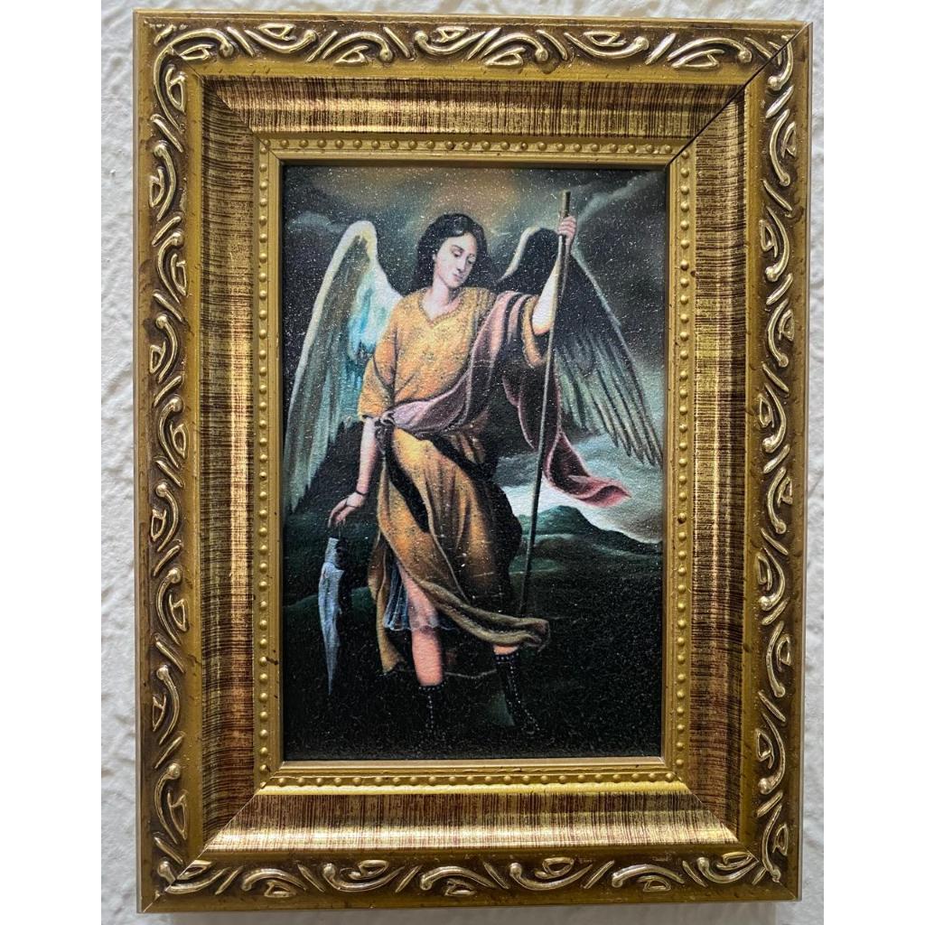 QUADRO ARCANJO SÃO RAFAEL 10X15 CM RESINADO MOLDURA DOURADA PREMIUM