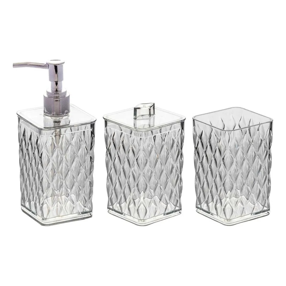 Kit Banheiro Lavabo Glamour 3 Peças Cristal Completo Luxo Plasútil Organizador Utensílios Decoração