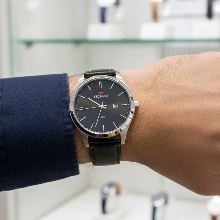 Technos Masculino Resistente Água Relógio Aço Prata Pulseira Couro Calendário 2115MSGS/0P