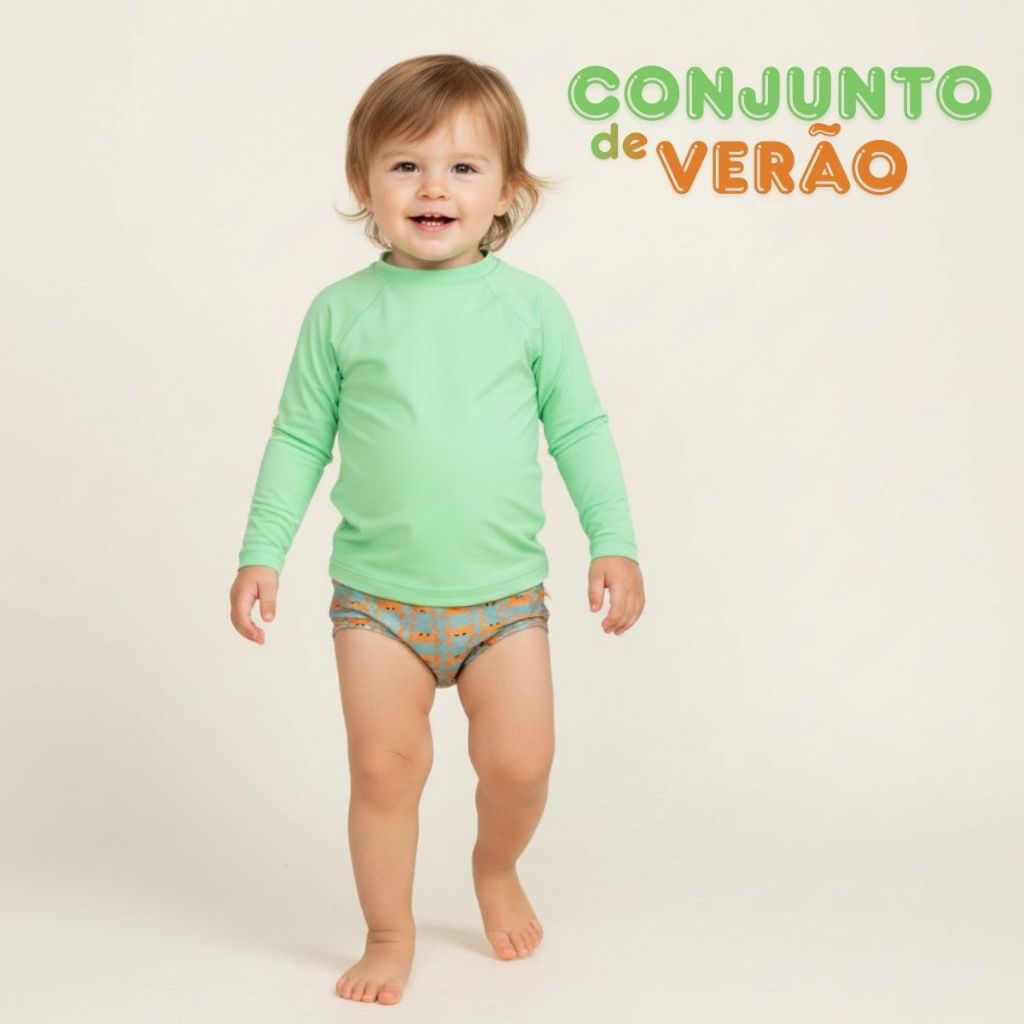 Conjunto Sunga Boxer Infantil e Blusa Térmica Proteção UV 50+ Menino Moda Praia