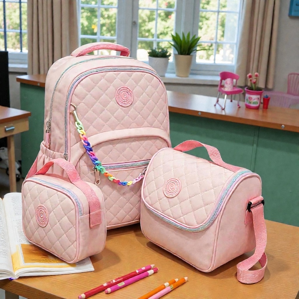 Mochila Escolar Feminina Premium 45cm Matelassê Reforçada Com Lancheira E Estojo Resistente em Oferta na Shopee