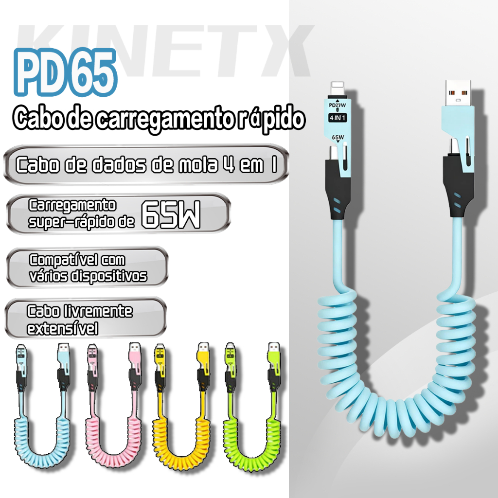 65 W Cabo de carregamento retrátil de mola de, 4 em 1 com carregamento rápido USB Tipo C para celular e dados