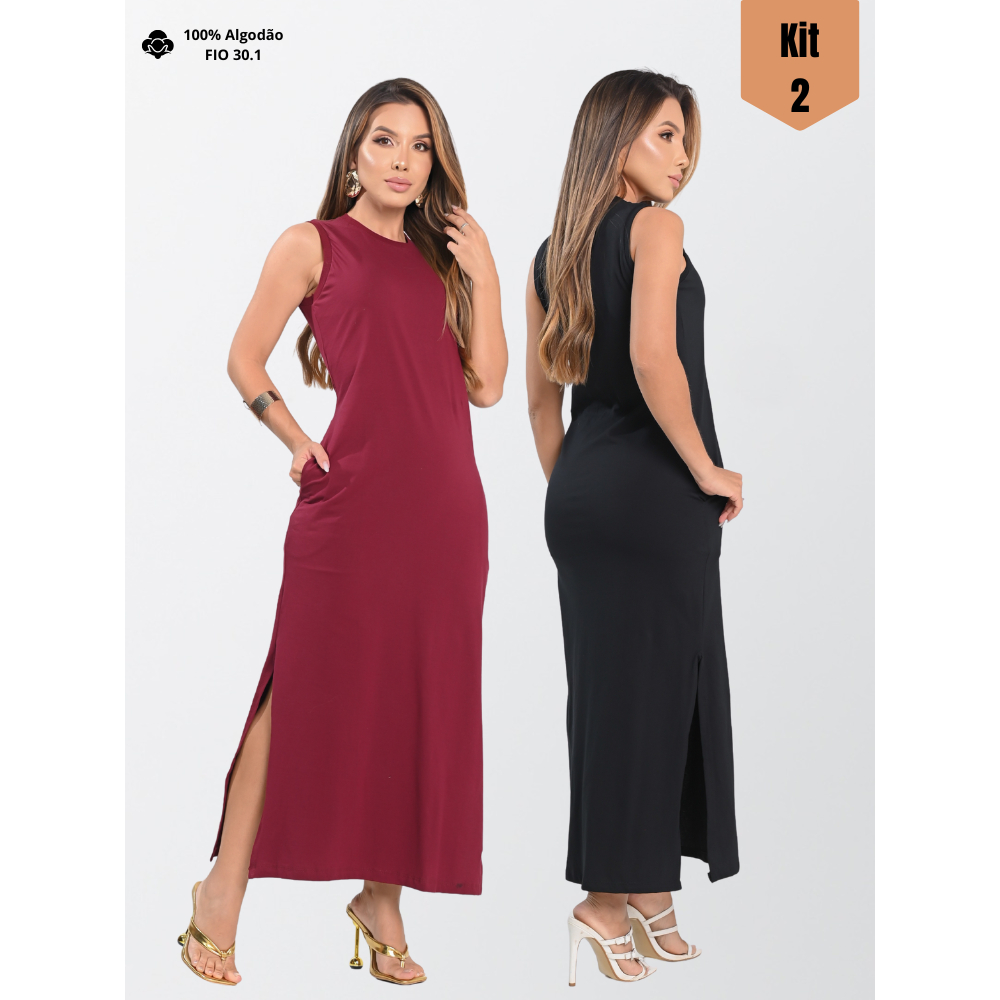 Kit 2 Vestidos Feminino Longo Com Bolso Cavado Algodão Soltinho Casual Elegante em Oferta na Shopee