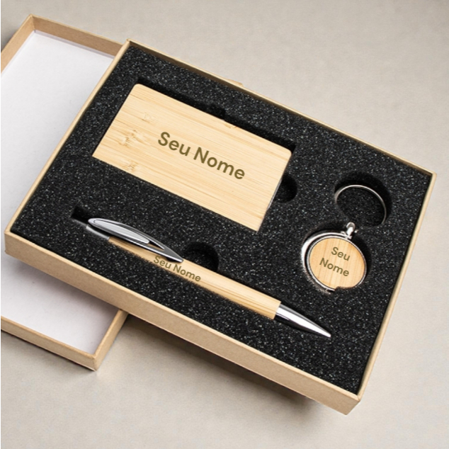 Kit Presente Porta Cartão + Chaveiro + Caneta Bambu Ecológico com Personalização de Nome em Oferta na Shopee