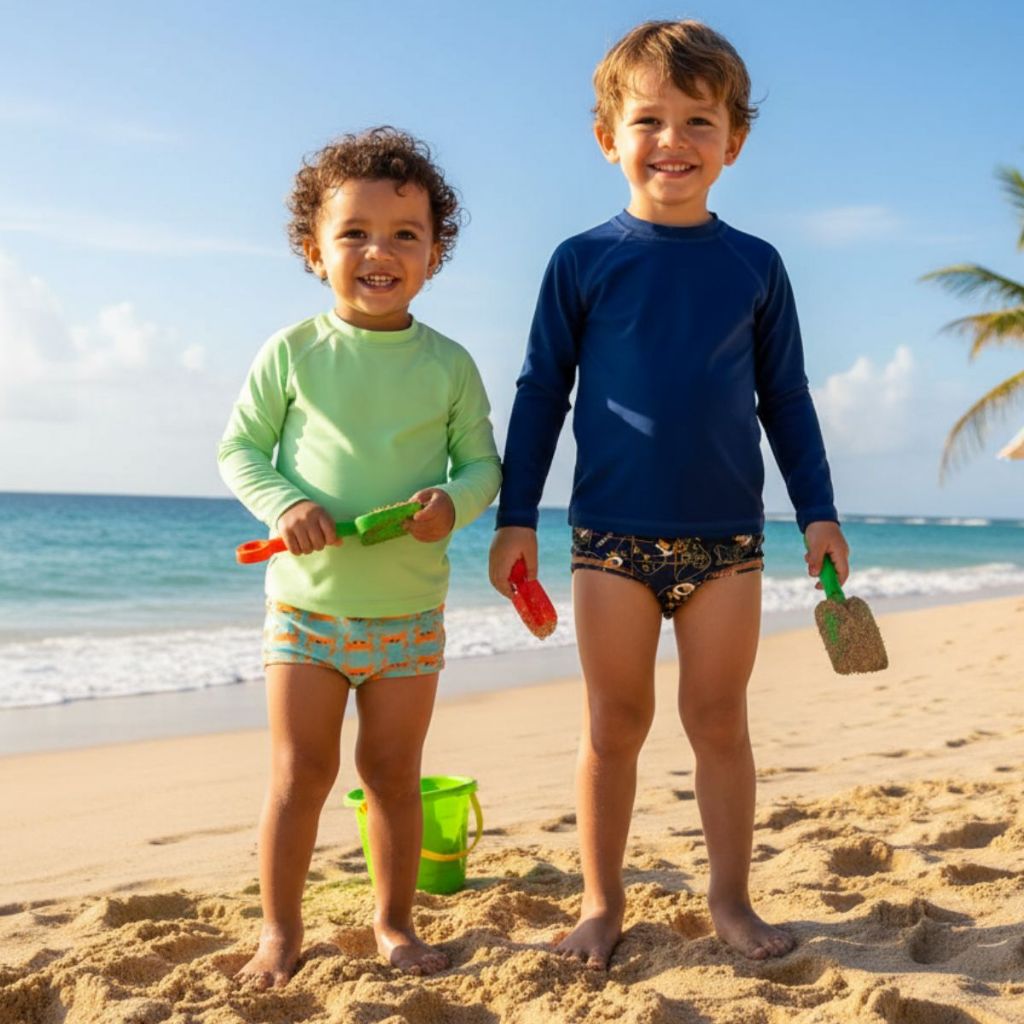 Kit 2 Sunga Boxer Infantil E Blusa Térmica Proteção Solar UV 50+ Menino Moda Praia Estampa Divertida