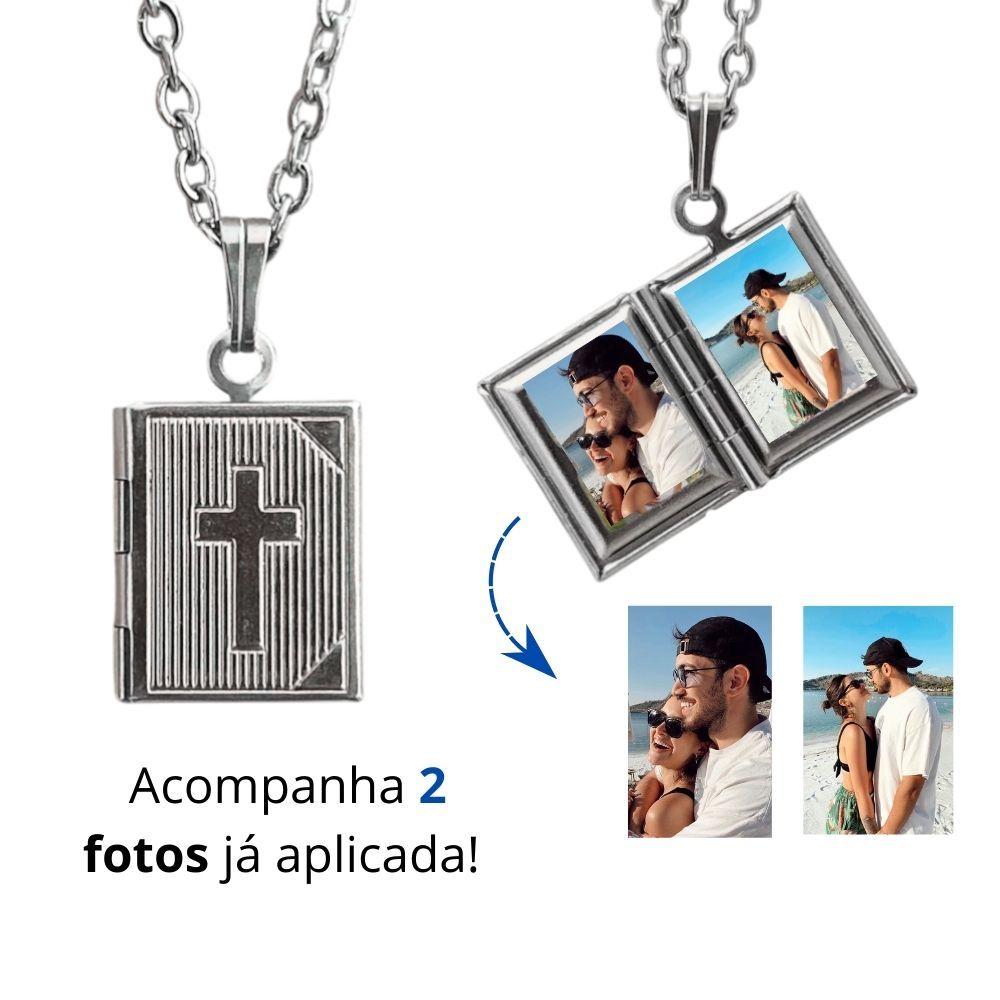 Colar Relicário Aço inoxidável Masculino Bíblia com Cruz – Pingente Já com Suas Fotos - Presente especial