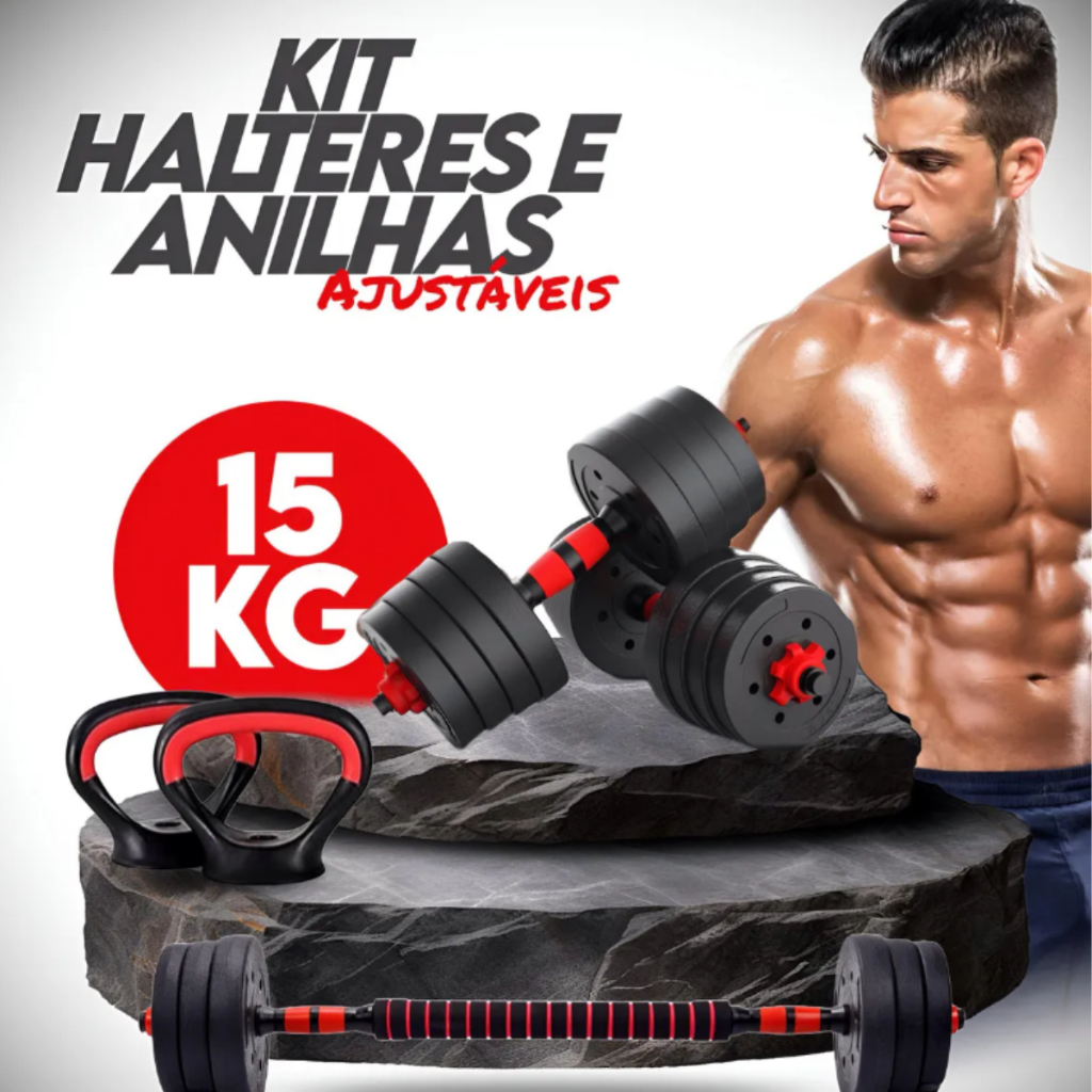 Kit Halteres Barra E Anilhas Musculação Kettlebell Ajustáveis Peso Academia 15kg kit musculação completo halteres para t