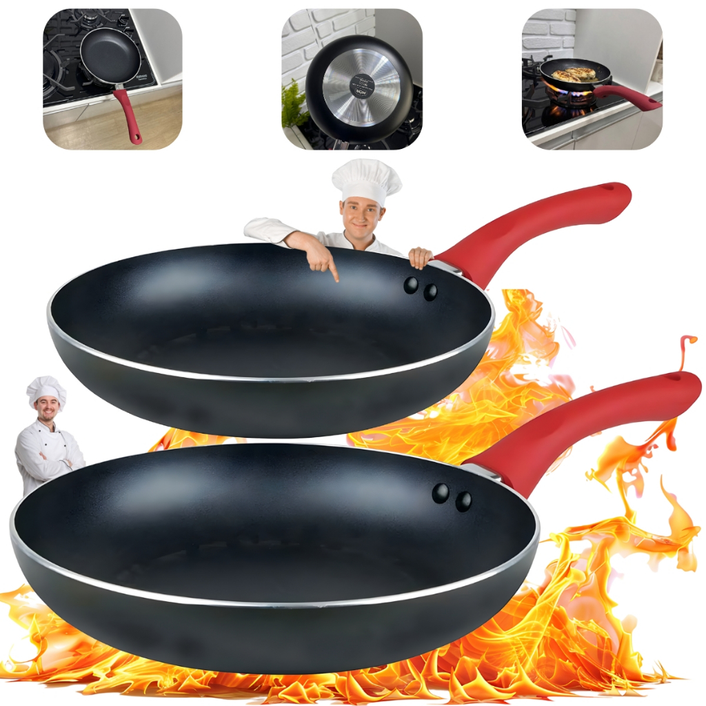 Jogo De Frigideiras Francesas 2 Peças 20cm E 24cm Antiaderente Preta com cabo Soft Touch Vermelho em Oferta na Shopee