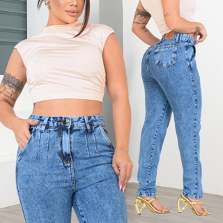 Calça Jeans Feminina Mom Premium Cos Alto 100% algodao  Levanta Bumbum em Oferta na Shopee