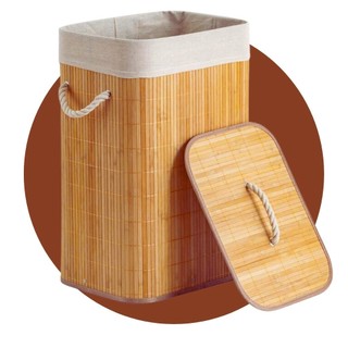 Cesto de Roupa Suja Lavanderia em Bambu tampa Retangular Forrado com Alça Brinquedo Quart…