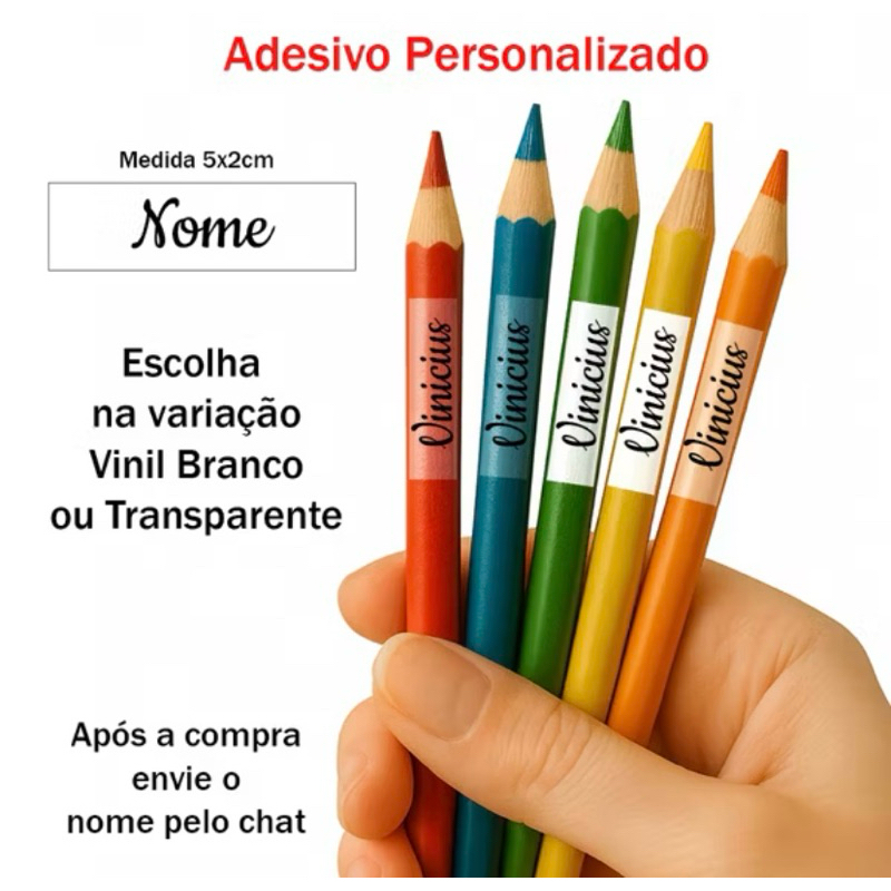 150 Etiquetas Escolares Personalizadas para Lápis e Cadernos - Branco ou Transparente