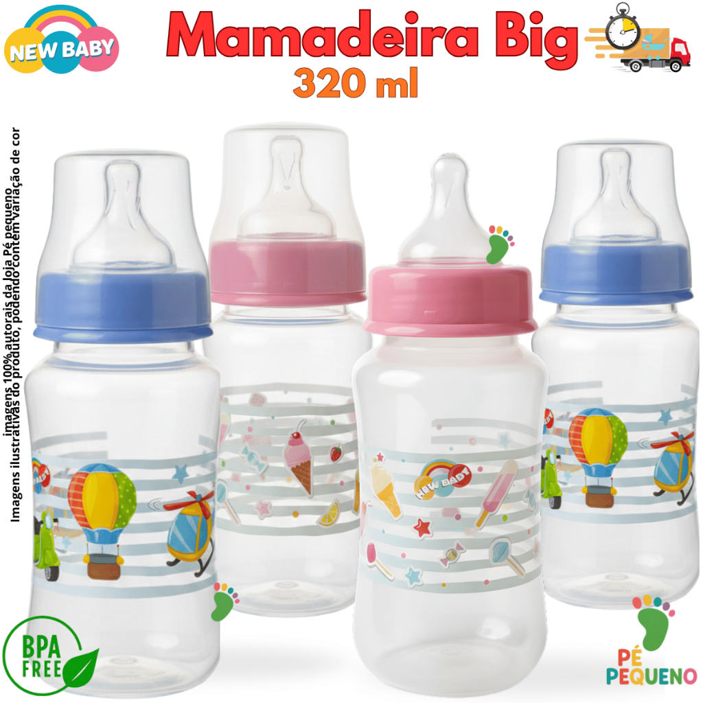Mamadeira 320ml Infantil New Baby Luxo Bico de Silicone BPA Free Confortável e Segura Bebê Menino Menina