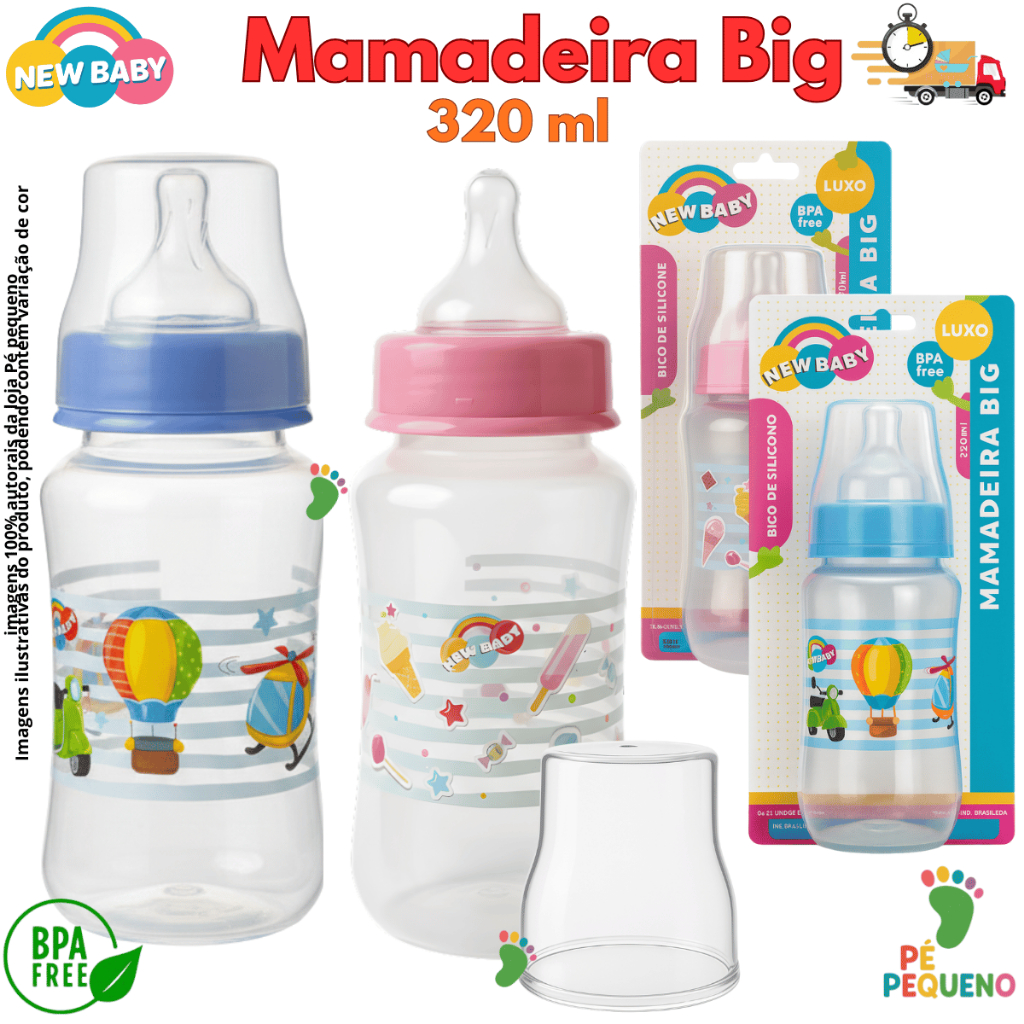 Mamadeira Bebê 320ml Big Luxo New Baby Com Bico de Silicone Macio Transição BPA Free Ideal Para Alimentação