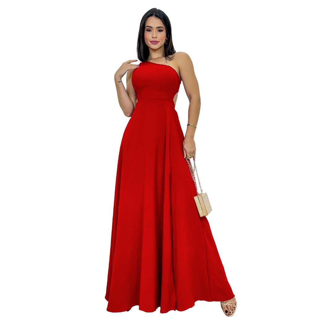 Vestido Feminino Longo Casual Um Ombro Só Amarração Fenda em Oferta na Shopee