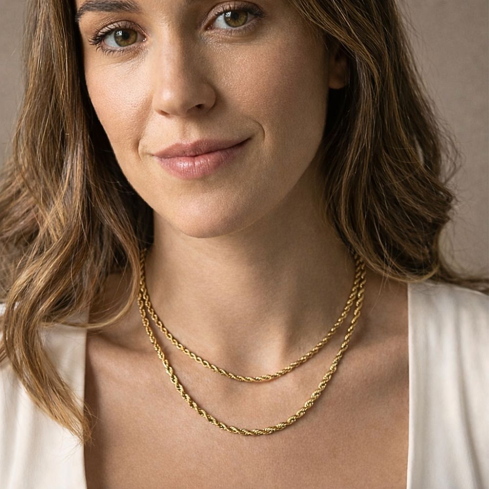 Conjunto Colar Cordão Baiano Duplo Feminino Dourado Aço Inoxidável Luxo Moda Elegante e Minimalista Antialérgica Moderno