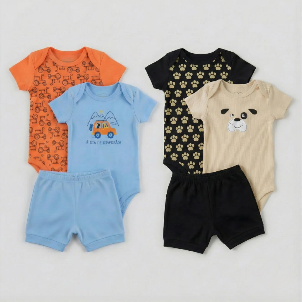 Kit 6 Peças Roupa Bebê Menino 4 Bodys e 2 Bermudas Shorts Atacado Algodão Várias Estampas Enxoval