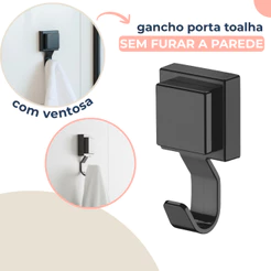 Gancho Parede Cabide Suporte Porta Toalha Banho Rosto Banheiro Multiuso Preto Fosco Ventosa Sem Furo