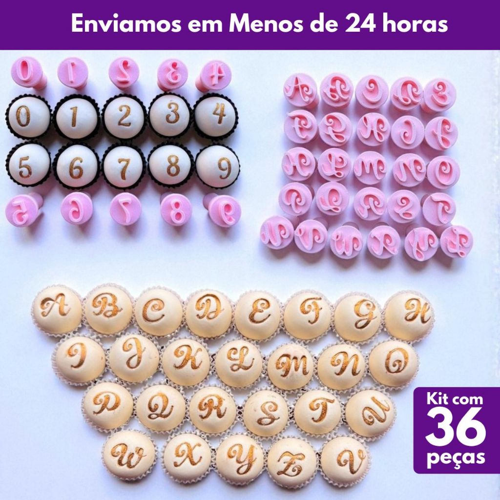 Kit Carimbos Alfabeto Dressa com Letras e Números para Brigadeiro, Doce, Massa - 36 peças em Oferta na Shopee