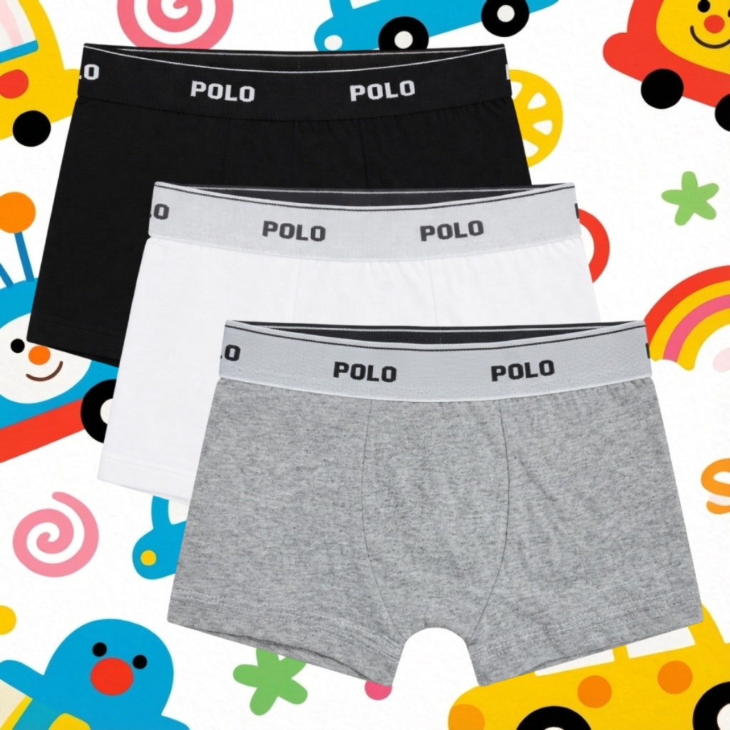 Kit 3 Cuecas Boxer Polo Cotton Infantil Kids 100% Algodão Forro Duplo Confortável