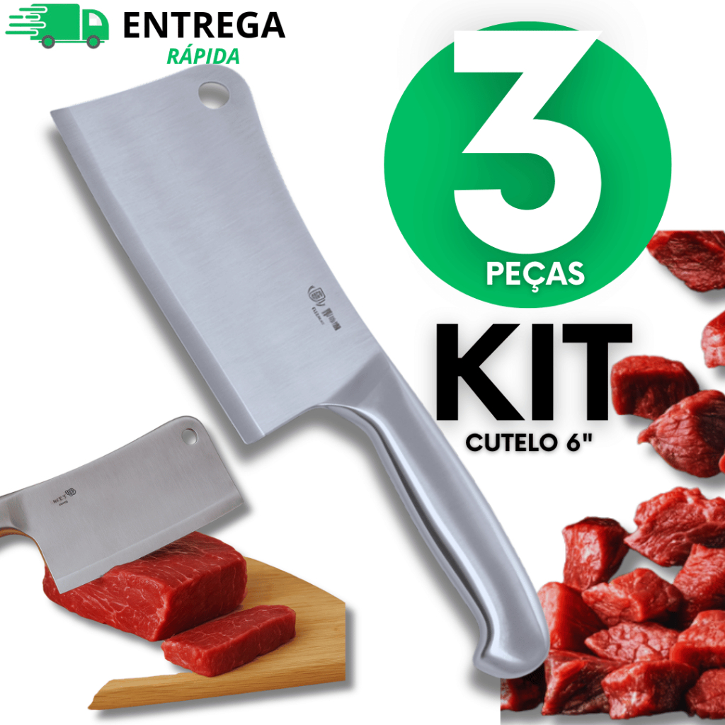 Conjunto 3 Cutelo 6" Aço Inox Profissional Ideal Para Seu Churrasco Uso em Cozinha Comum Churrascaria Açougue Cutelos