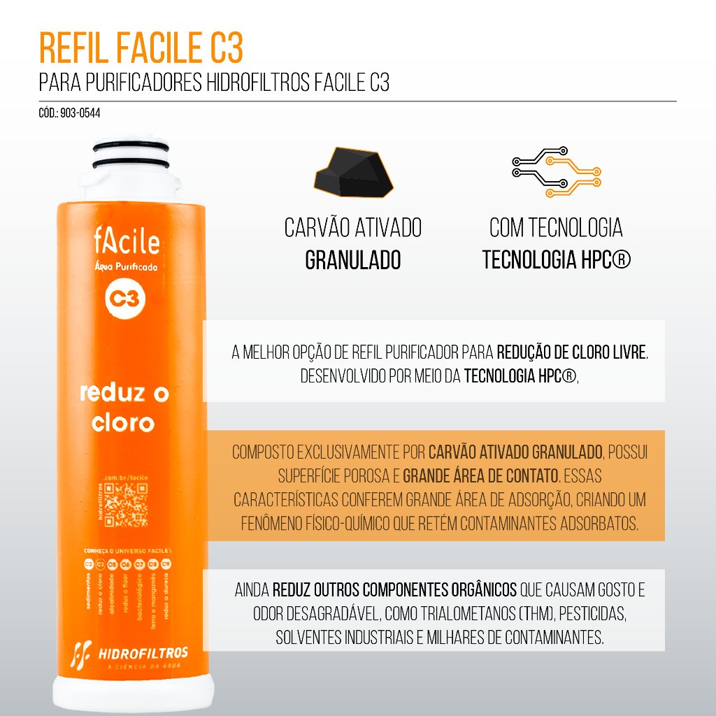 Refil C3 Facile Vela Filtro Purificador de Água Hidrofiltros Antibacteriano Reduz Cloro e Odores