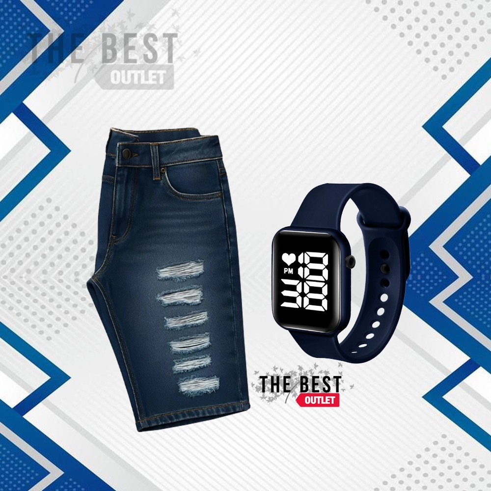 Kit Bermuda Jeans Masculina Rasgada Desfiada + Relogio Digital Led Academia