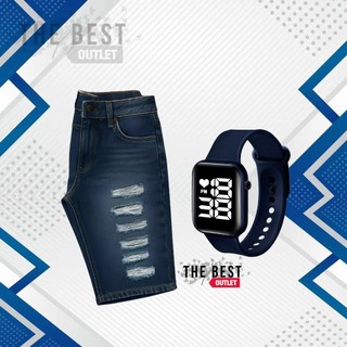 Kit Bermuda Jeans Masculina Rasgada Desfiada + Relogio Digital Led Academia