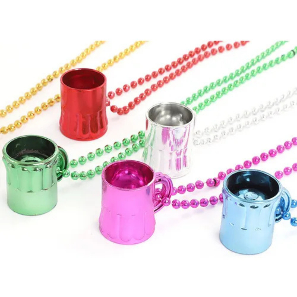 Kit 6 Canecas de Chopp Shot Metalizadas com Colar de Bolinha Carnaval Festa Lembrança Coloridas