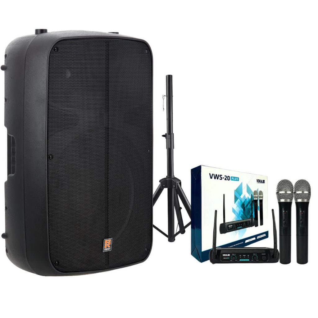 Kit Caixa De Som Amplificada Staner Sr315m Bluetooth + Microfone Sem Fio Duplo Vws20 + Tripé em Oferta na Shopee